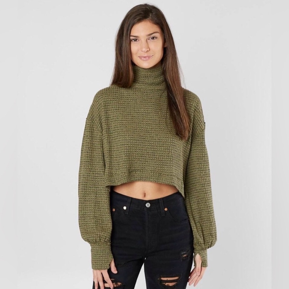 Free People Olive Waffle Knit Cropped Turtleneck Sweater